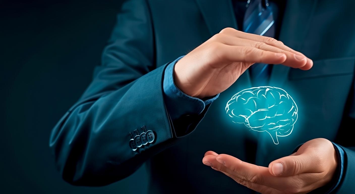 Business professional holding a digital brain icon, symbolizing financial planning and strategic thi.